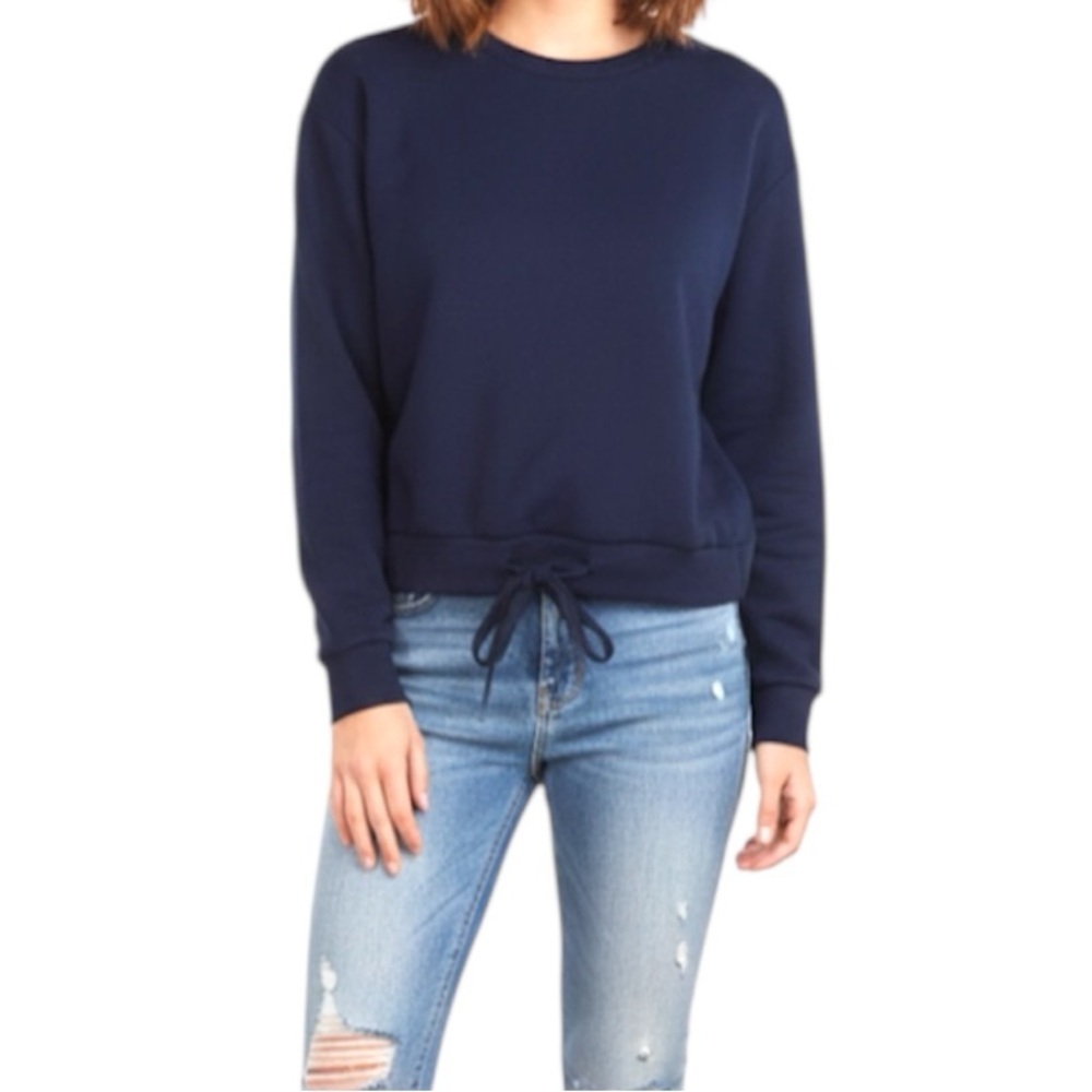 Magaschoni Navy Blue Cropped Pullover Front Tie Long Sleeve Sweater Size Small